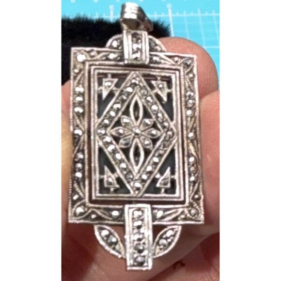Art Deco Sterling Silver Marcasite Reversible Pendant Cross Floral Signed - Picture 7 of 9